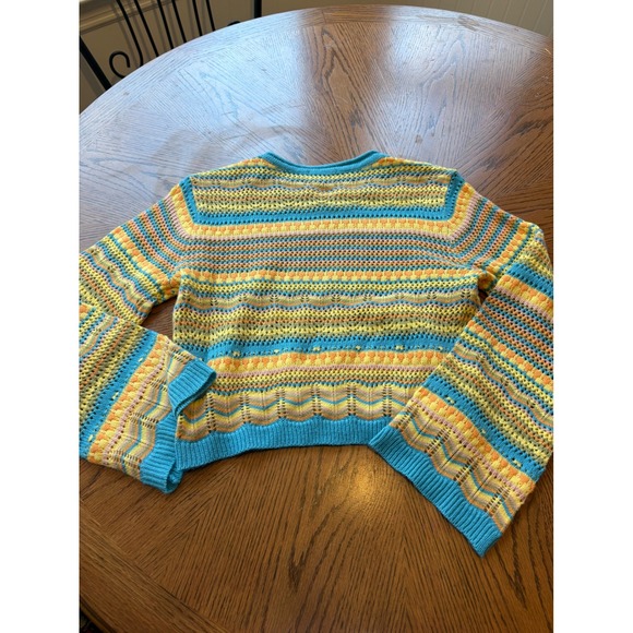 LUSH Blue Yellow Multi Crochet Knit Bell Sleeve Sweater Top Size M - Picture 7 of 7